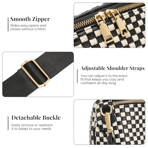 Woven Vegan leather Crossbody Bags For Women, Checkered Fashion PU Bum Bag Waist Pack, Travel Sling Purse with Adjustable Strap（Black) - color: White and Black