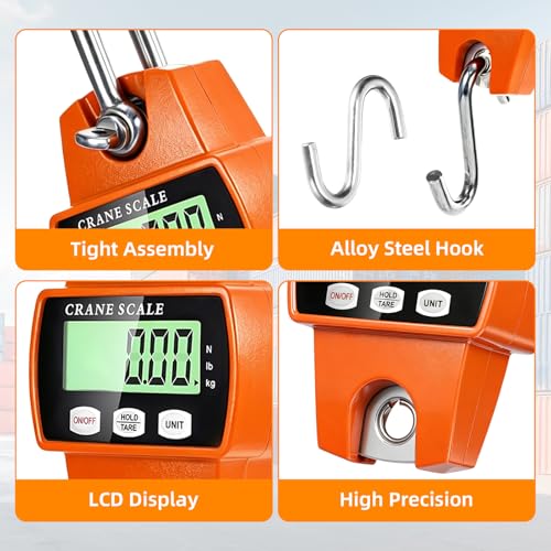 Digital Hanging Scale, 1100lb/500kg Handheld Crane Scale, Small Crane Scale with LCD Display and Hooks, Aluminum Alloy Body for Hunting, Outdoor, Luggage, Farm (Orange) - color: Orange-1100lb