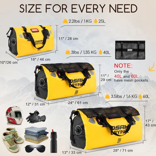 OSAH DRYPAK Waterproof Duffel Bag - Motorcycle Dry Bag Tail Bag with Large Storage Space, Waterproof Luggage Duffle Bags with Outer Mesh Zipper Pocket for Camping, Kayaking, Fishing & Traveling - color: Yellow, size: 25L