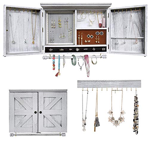 Rustic Wall Mounted Jewelry Organizer,Vintage Wooden Hanging Jewelry Holder Box with Barndoor Decor for Necklaces, Earings, Bracelets, Rings, Accessories. Includes Hook Organizer - color: WHITE