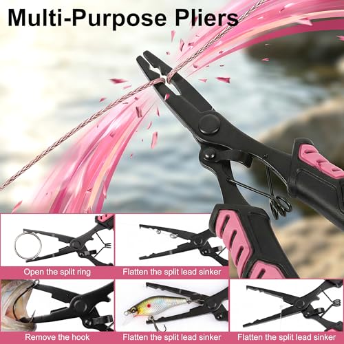 Fishing Gear Set for Women, 6PCS Fishing Accessories Tool Kit with Fish Lip Gripper & Pliers, Ice Pink Fishing Gear for Freshwater Saltwater, Gift for Fishermen,Gripper Fishing Gifts for Men