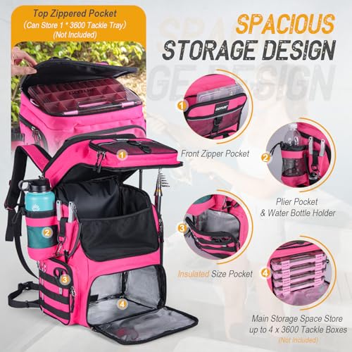 Goture Fishing Backpack,900D Water-Resistant Tackle Bag with Rod Holders, Insulated Cooler Compartment,55L Large Capacity Fishing Gear Storage for Saltwater&Freshwater Camping Hiking,Gifts for Women - color: A2:pink(without Tackle Boxes)