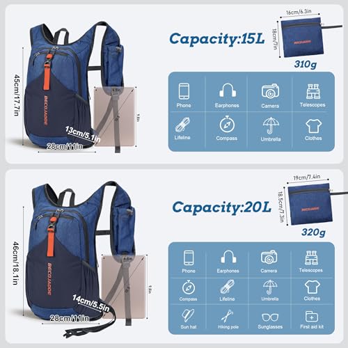 BECOJADDE 15L Small Hiking Backpack for Men Women Foldable Packable Back Pack Ultralight Hiking Daypack for Travel Camping Outdoor, Navy Blue - color: Navy Blue, size: 15L