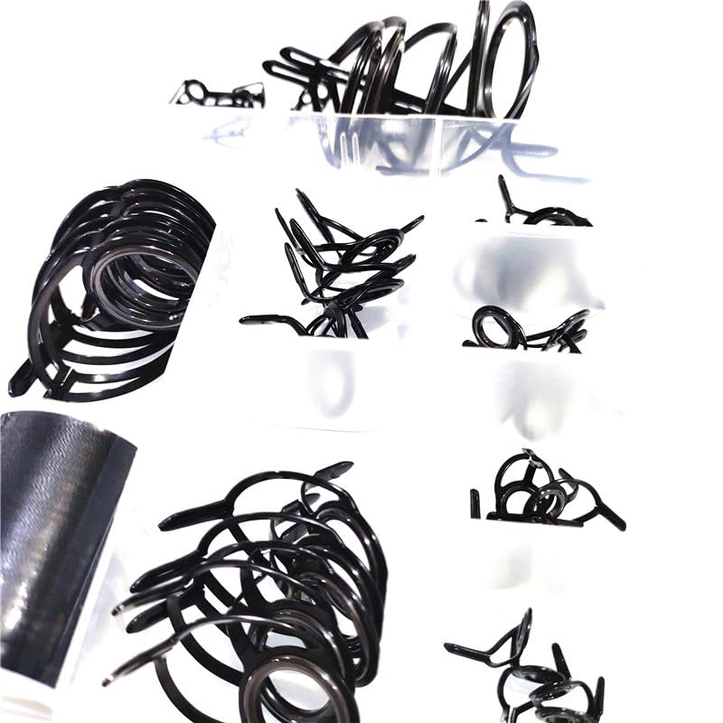 Kalavarma Fishing Rod Repair Kit 47 Pcs for Spinning and Casting Rod Guides,Set Mixed Size Double Leg Stainless Steel,Fishing Rod Repair Kit Guide Tip Top Repare Black Color