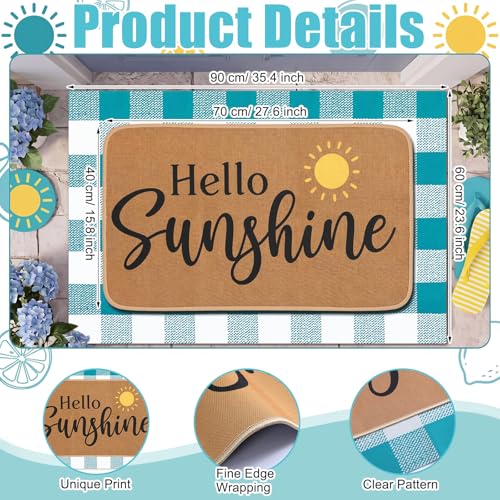 Tinideya 2 Pcs Hello Sunshine Door Mat Outdoor Layering Summer Welcome Mat for Front Door Rubber Linen Teal Blue White Buffalo Plaid Entrance Rug Summer Decor for Front Porch Outside Decor - size: 16 x 28 Inch,24 x 35 Inch, style: Hello Sunshine and Buffa