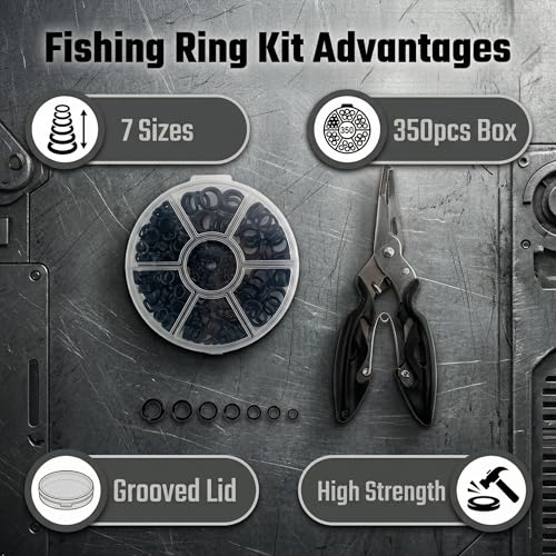 350pcs Flattened Split Rings Kit: 7-Sizes High Strength Steel Fishing Split Rings with Plier Set for Saltwater Lure Hook Connector - color: Black
