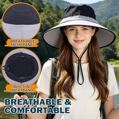Wide Brim Sun Bucket Hat, Waterproof Boonie Hat for Men & Women | UPF 50+ UV Protection, Adjustable Fit, Chin Strap & Sweatband, Foldable Durable for Fishing Hiking Garden Beach - color: 02 Light Grey+black
