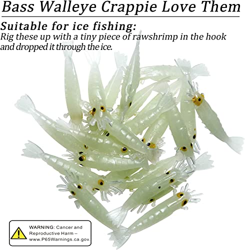 QualyQualy Fishing Soft Lures Artificial Bait Luminous Glow Shrimp Grub Worms Lure Ice Fishing Lures for Bass Walleye Trout Crappie 54pcs