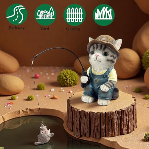 GARDEN WHISPER Cat Statue Outdoor Koi Pond Garden Decoration, Grey Cat Decor for Yard 7.1'' Fishing Tabby Statue Outdoor Garden Decor, Fishing Guy for Waterfalls or Koi Pond Additioanl, Gifts for Mom - color: Fishing Cat（grey）