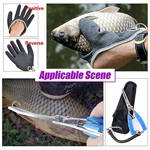 Swpeet 2Pcs Fishing Gear Set, Fisherman Professional Fishing Glove with Magnet Hooks Release and Fishing Pliers Cutters Split Ring Pliers Hook Remover Fish Holder Sheath Lanyard - color: Left, size: X-Large
