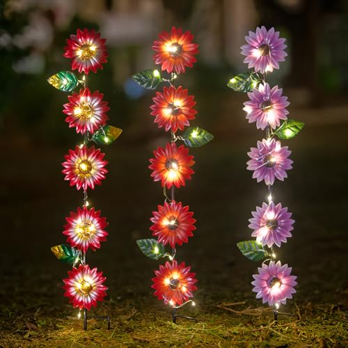 Set of 3 Solar Garden Lights,22.6'' H Flowers Decorative Garden Stakes,Waterproof Metal Spring Yard Art Decor,Solar Stake Lights for Outside,Lawn,Yard,Patio - color: Flowers 2-3Pack