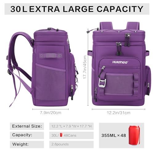 Hulongo Large Waterproof Insulated Cooler Backpack for Men & Women, Leak Proof Cooler Backpack for Camping, Beach, Fishing, Picnic, Travel, Outdoor, 30L, 48Cans - color: Purple