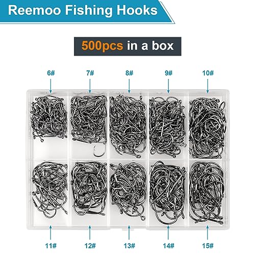 500PCS/100PCS ReeMoo Premium Fishing Hooks, 10 Sizes/4 Sizes Carbon Steel Fishing Hooks W/Portable Plastic Box, Strong Sharp Fish Hook with Barbs for Freshwater/Seawater - style: 500pcs