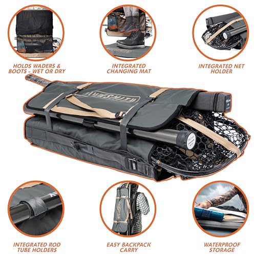 RiverSmith Fly Fishing Wader & Boot Bag – Gear-Roll Wader Bag with Changing Mat, Waterproof Pocket, Rod & Net Storage – Fly Fishing Gear Organizer – Gray Cadmium - color: Gray Cadmium