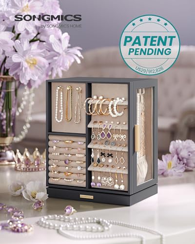 SONGMICS GISELLA Collection - Jewelry Box Organizer 360° Rotating, Vertical Jewelry Storage Case with 5 Drawers, Glass Window, Spacious, Open Design, Great Gift, Slate Gray UJBC170G01 - color: Slate Gray, size: 5 Drawers (6.3"d X 8.7"w X 11.2"h)