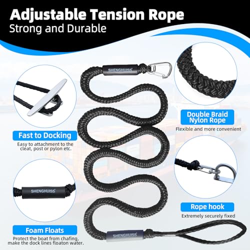 SHENGHUISS 7ft-14ft Boat Bungee Dock Lines，Double Braided Nylon Elastic Dock Line - for Boat, Jet Ski, Kayak Mooring & Securing