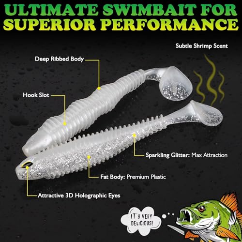 LUCKYFISHING Paddle Tail Swimbaits 10/16/20 PCS Fishing Lures Soft Plastic Lures for Trout Crappie Walleye Soft Baits for Bass Fishing Freshwater Saltwater 4.1/3.5/3/2.5 Inch - color: Pearl White, size: 4.1 inch-10pcs