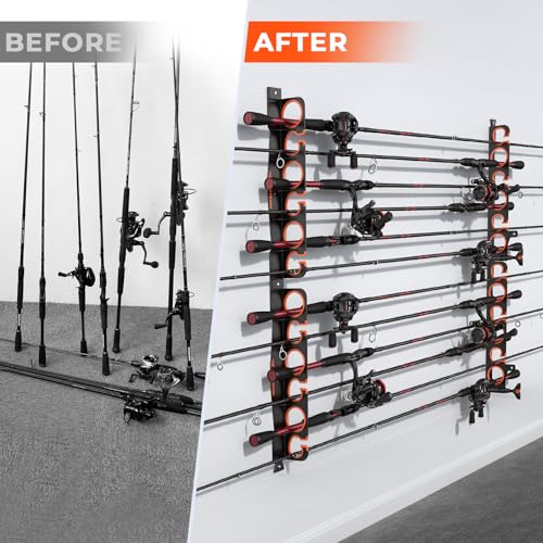 KastKing SafeGuard LS Horizontal Fishing Rod Rack with Line Spooler – Wall or Ceiling Mount, Holds 12 Rods & Combos, No-Twist Fishing Rod Holder with Spooler & Cutter (Spinning & Baitcasting) - color: B:Upgraded w/ Spooler, 2 Pack (store 12 rods)