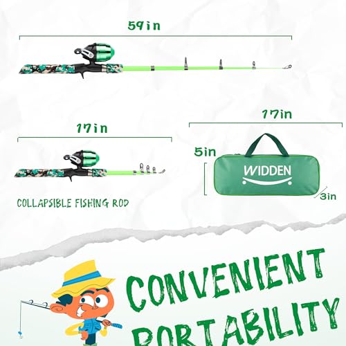 WIDDEN Kids Fishing Pole, Portable Telescopic Kids Fishing Poles for Boys and Girls, Fishing Rod and Reel Combo Kit with Tackle Box, and Fishing Net, Best Fishing Pole for Toddler Youth - color: GREEN