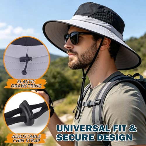 Wide Brim Sun Bucket Hat, Waterproof Boonie Hat for Men & Women | UPF 50+ UV Protection, Adjustable Fit, Chin Strap & Sweatband, Foldable Durable for Fishing Hiking Garden Beach - color: 02 Light Grey+black