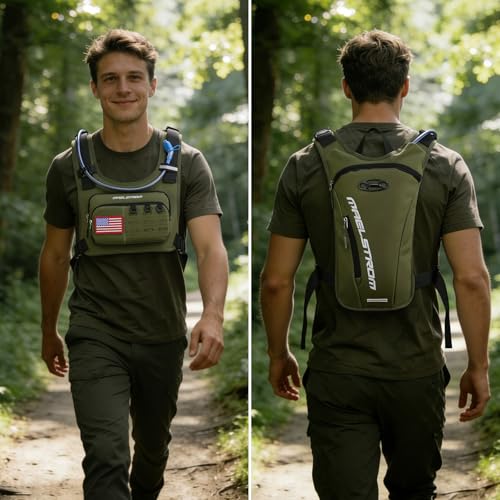 Maelstrom Hydration Running Vest with 2L Water Bladder for Men Women | Chest Pack, BPA-free, High Flow Bite, Reflective Stripe, Detachable, Breathable Pad, Perfect for Cycling, Marathon, Hiking - color: Army Green