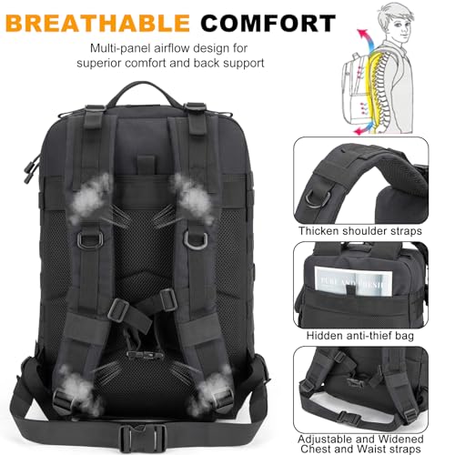 Tactical Backpack 45L Army Military Rucksack, Water Resistant MOLLE EDC Pack, Large 3 Day Bug Out Bag for Men & Women, Durable Outdoor Gear for Hiking, Camping, Hunting, Fishing,Travel (Black) - color: Black