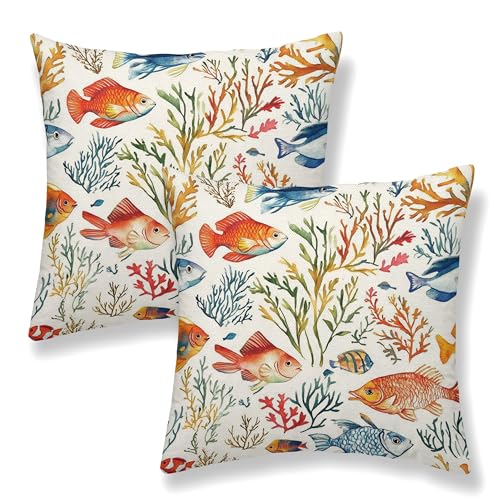 Summer Coastal Pillow Covers 16x16 Inch 2 Pcs Colorful Fish Coral Outdoor Decor Throw Pillows Nautical Beach Sea Ocean Themed Holiday Decoration Pillowcase Linen Cushion Cover for Couch Sofa - color: Colorful Fish Coral, size: 16" x 16" (Pack of 2)