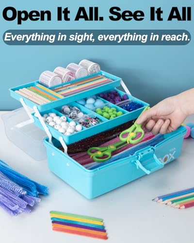 TERGOO 12in 3-Layer Plastic Craft Organizers and Storage, Portable Folding Tackle Box with Handle & Adjustable Dividers, Multipurpose Case for Sewing, Art Supplies, Medicine, Tools (Blue) - color: Blue