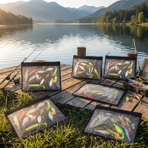 6 Pack Large Fishing Tackle Storage Bags, 12x16 Inch Clear Waterproof Bait Organizer with Heavy Duty Zipper for Soft Plastic Lures Hooks
