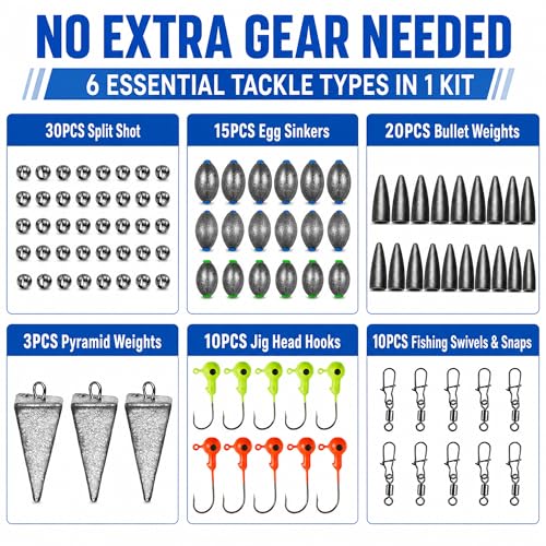 SANWEAL Fishing Weights Sinkers Kit, 88PCS Freshwater Fishing Tackle Starter Kit with Bullet Sinkers, Split Shot Weights, Pyramid Sinkers, Jig Head Hooks & Swivels for Bass Trout Panfish - style: Pro Kit 88 Pcs/15 Types