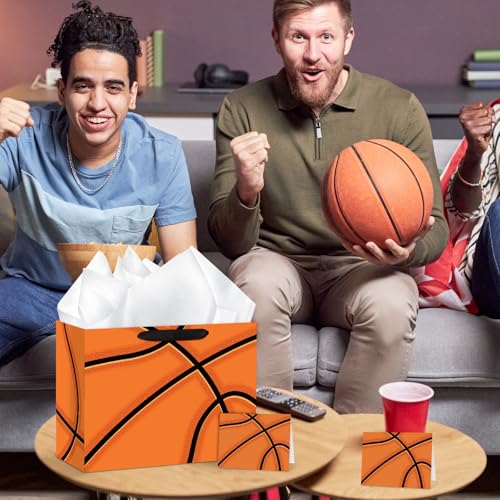 Hooqict Large Basketball Gift Bag Basketball Birthday Gift Wrap Bag with Handles, Tissue Paper, Greeting Cards for Kids Boys Men Sports Themed Goodie Treat Party Favors - color: Basketball
