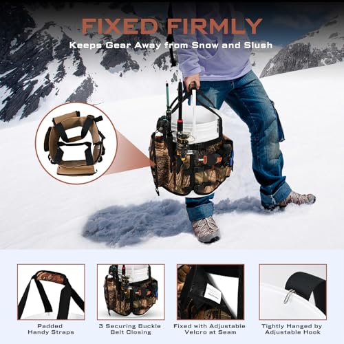 Boomistry Fishing Bucket Organizer for 5 Gallon Bucket, Brown Camo | 15 Multi-Pockets, 4 Built-in Rod Holder Storage, 3 Adjustable Buckles, for All Fishing Gear & Tackle Accessories - color: Brown Camo