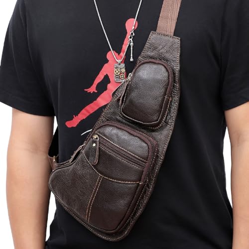 Vintage Leather Sling Bag Backpack for Men Crossbody Shoulder Chest DayPack Backpacks - color: #01coffee