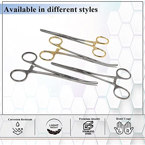 Rochester Carmalt Hemostatic Forceps Straight + Curved with Cross Serrated Jaws and Longitudinal Grooves - Premium Stainless Steel - Self Locking Artery Hemostats 6.25 Inch- Gold Handle Set of 2