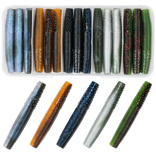 Soft Plastic Worm Fishing Lures Kit, Finesse TRD Stick Worms and Ned Rig Baits with Jig Heads for Bass Fishing, Freshwater Bass Soft Baits - color: Mix Color A - 30pcs Worms, size: 2.75"