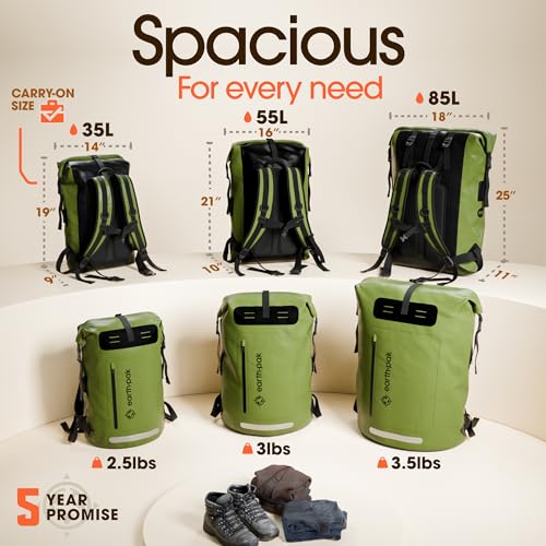 Earth Pak Waterproof Backpack - Heavy Duty Hiking Backpack - Roll-Top Closure Bag - Cushioned Dry Bag Waterproof Phone Case - color: Green, size: 35L