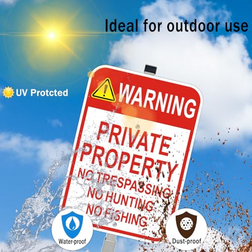 2 Pack Private Property No Trespassing Signs with 36" Metal Stakes, 10x14 Inches, Reflective Aluminum, No Hunting No Fishing Signs - style: 2 Pack-10"x14" with 36" Stakes