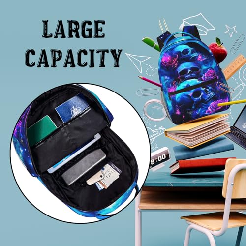Skull Backpack for Boys Purple Rose Schoolbag for Girls Teenage Kids Cute Children Lightweight Waterproof Adjustable Book Bag for Travel Hiking Camping Gym Backpack for Kids Boys 8-12 - color: Skull 01