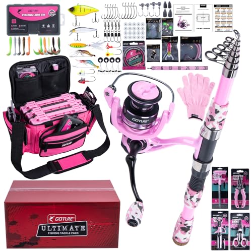 Goture Fishing Kits for Adult,Fishing Pole and Reel Combo, OpenSide Fishing Sling Tackle Storage Bag with 3 Tackle Boxes,Gift for Men - color: Pink 17L Bag + 3600 Trays +Basic Bait Set(Gift Boxed), size: 8FT/2.4M