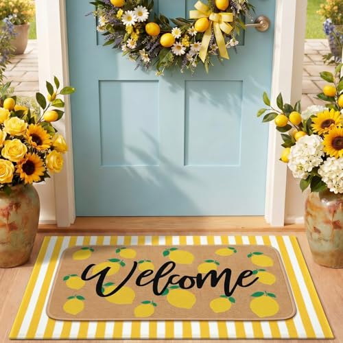 Tinideya 2 Pcs Summer Lemon Welcome Doormats Summer Lemon Outdoor Linen Rubber Door Mats Layered Yellow and White Striped Area Rugs Non Slip Italian House Decor for Indoor Entrance Porch Entryway - size: 16 x 28 Inch,24 x 35 Inch, style: Lemon Welcome