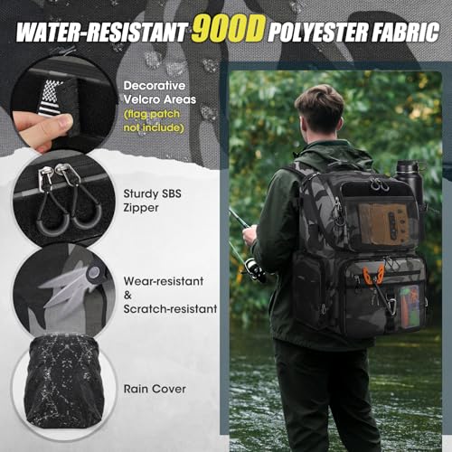 RAINSMORE 45L Fishing Backpack with Rod Holders & Rain Cover Large 900D Water-resistant Fishing Tackle Bag Store Fishing Gear - color: Black Gray Camouflage