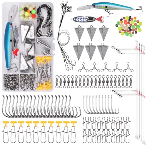 Saltwater Fishing Tackle Kit, 136pcs Surf Fishing Gear Fish Finder Rigs Saltwater Fishing Lures Crankbait Spoon Pyramid Sinker Fishing Hooks Leaders Swivels Ocean Fishing Tackle Accessories