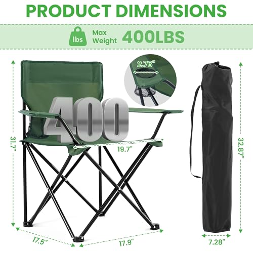 2 Pack Portable Camping Chairs Folding Lawn Chair Outdoor Lightweight Beach Chair with Cup Holder & Carry Bag for Outside Sports, Fishing, Hiking, Travel, Picnic, Backyard（Green - color: Green, size: Medium