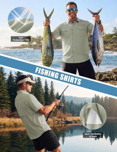 WULFUL Men's Sun Protection Fishing Shirts UPF 50+ Lightweight Quick Dry Cooling Short Sleeve Shirts for Work Hiking Safari - color: Sage Green, size: Large