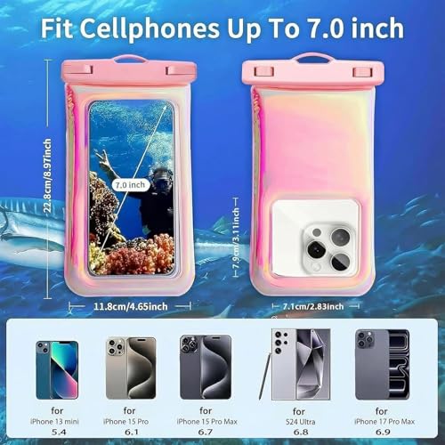 Floatable Waterproof Phone Pouch Case 2 pax for iPhone 17 16 Pro Max/15/14/13/12, IP68 Travel Cellphone Dry Bag Beach Cruise Ship Essentials Bags with Crossbody Lanyard, Iridescent Pink and Blue-7″ - color: A01-Iridescent Pink and Blue