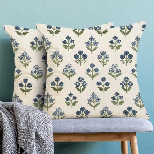 AEIOAE Blue Green Block Print Pillow Covers 18 X 18 Inch Set of 2, Floral Decorative Throw Pillow Covers Linen Outdoor Farmhouse Pillowcase Cushion Case for Home Sofa Decor - color: Floral3, size: 18" x 18" (Pack of 1)