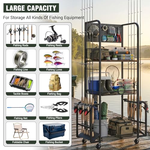 Fishing Rod Holders for Garage with Pegboard and Hooks, Fishing Pole Holders Up to 10 Rods, 3-Tier Anti-Drop Fishing Rod Storage Rack Cart with Lockable Wheels, Heavy-Duty Tackle Gear Organizer