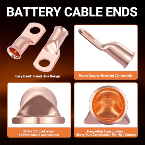 245pcs Battery Cable Ends Kit,AWG 2 4 6 8 1/0 2/0 Gauge,0 Gauge 00 Gauge Heavy Duty Wire lugs, 3/8" Ring Terminal Connectors with 3:1 Heat Shrink Tube & Professional Wire Cutter