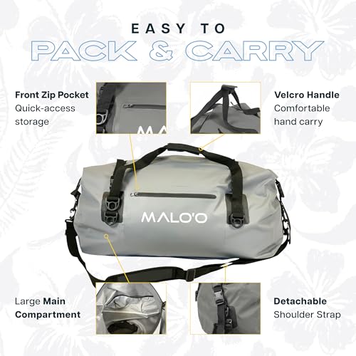 Malo’o Waterproof Dry Duffel, Heavy-Duty Roll Top Waterproof Gear Bag with Shoulder Strap & Molle Loops, Marine Duffel for Kayaking, Boating, Camping, Beach & Travel, Grey, 60L - color: Grey, size: 60L