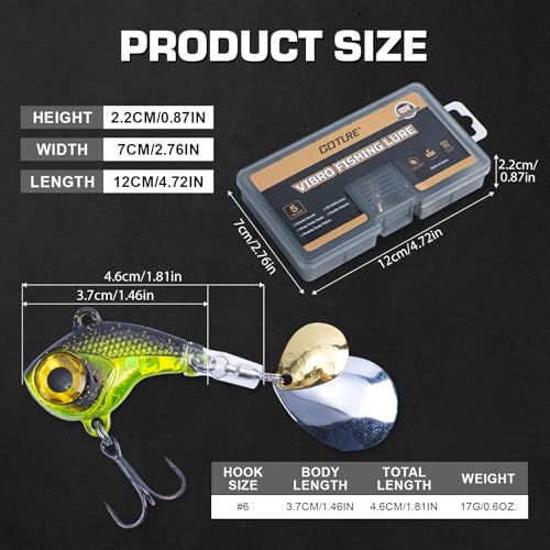 Goture Fishing Lures VIB Tail Spinners Bait Set, Two-Way Spinning Spoon System with Kona Treble Hook, Fixed Tube Anti-Tangle, 3D Eyes Sinking Lures with Tackle Box, Fishing Jigs Fishing Spinner Blade - color: 1/2 oz - 5 Pcs with Box 2.0